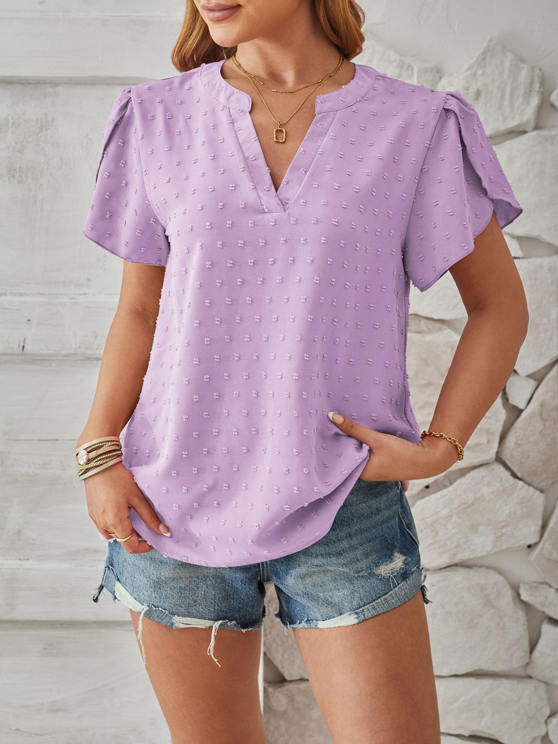 Swiss Dot Notched Petal Sleeve T-Shirt - Flyclothing LLC