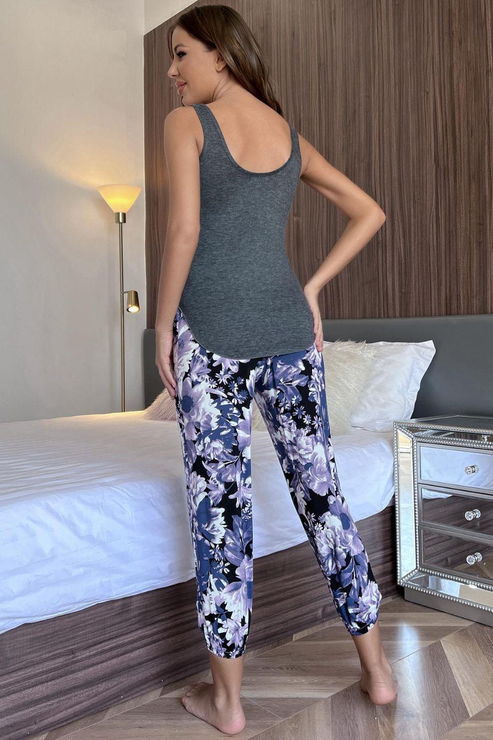 Scoop Neck Tank and Floral Cropped Pants Lounge Set - Flyclothing LLC