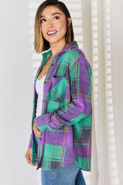 Zenana Plaid Button Up Long Sleeve Shacket - Flyclothing LLC