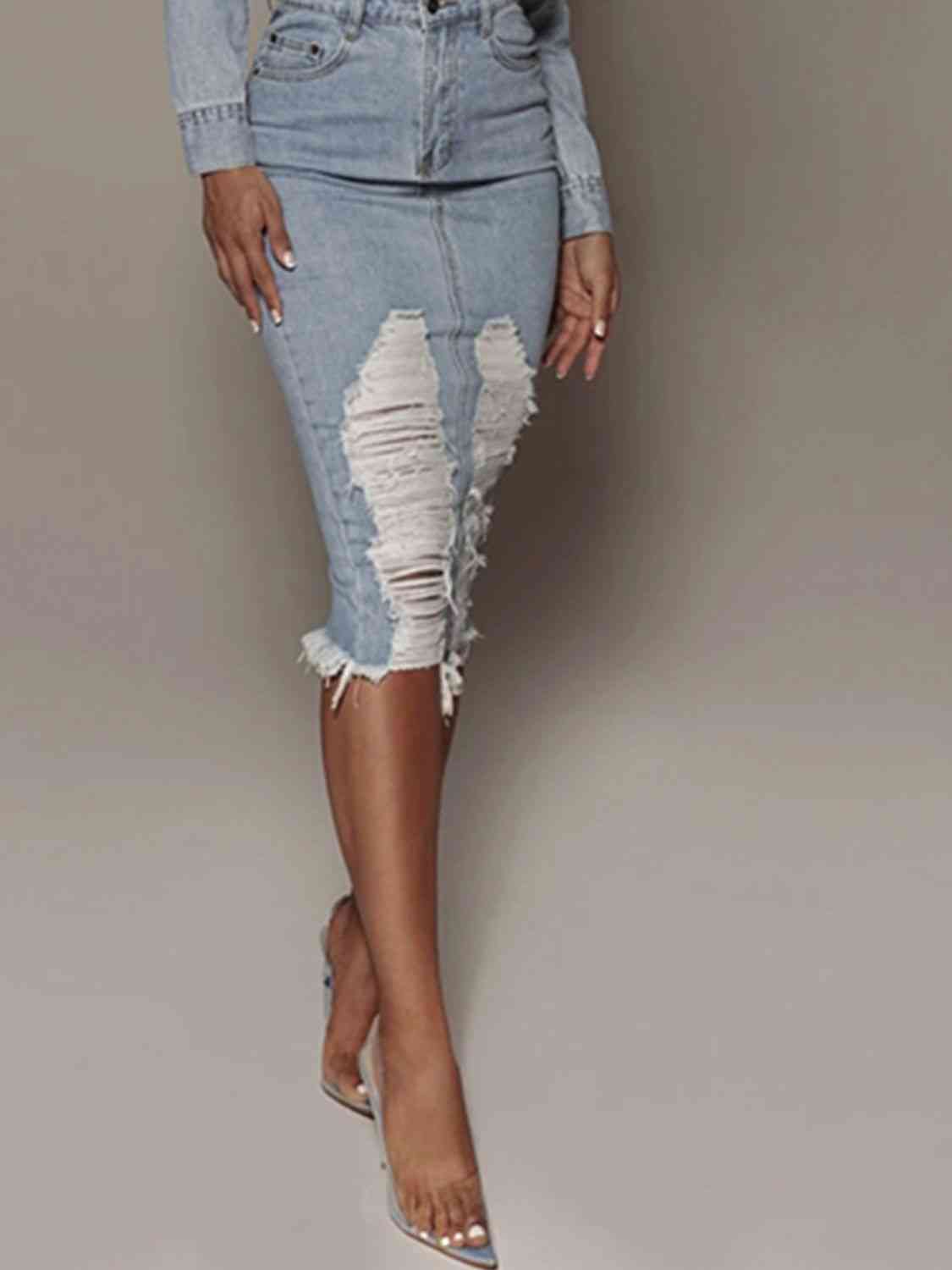 Distressed Slit Denim Skirt - Flyclothing LLC