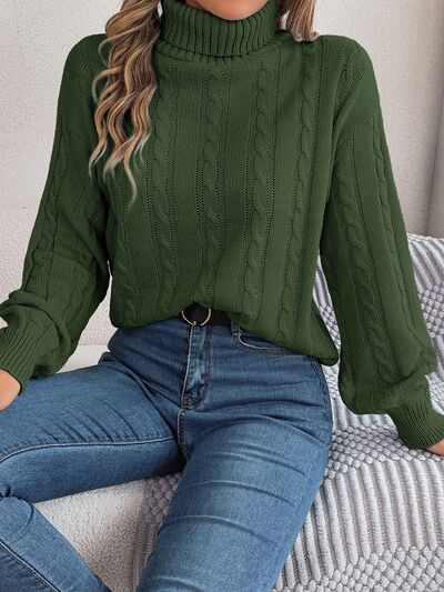 Cable-Knit Turtleneck Dropped Shoulder Sweater - Flyclothing LLC