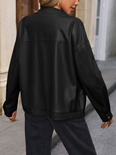 Pocketed Zip Up Collared Neck Jacket - Flyclothing LLC