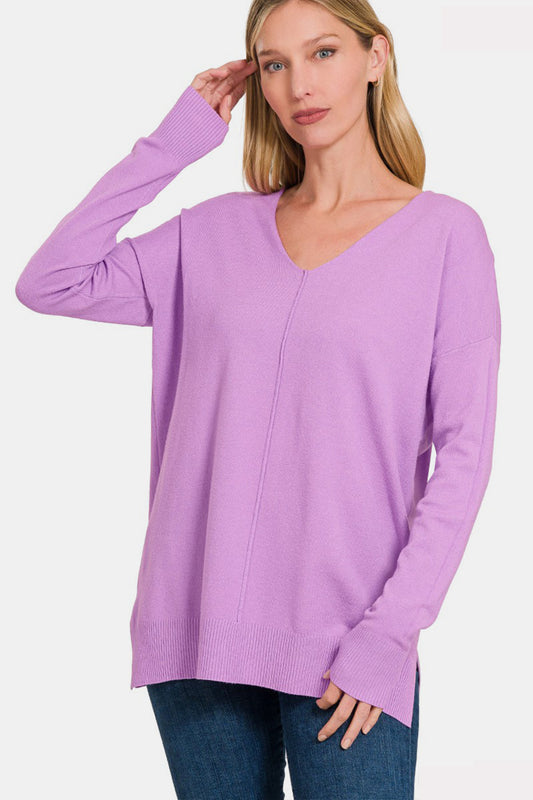 Zenana Slit V-Neck Dropped Shoulder Sweater - Flyclothing LLC