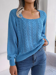 Cable-Knit Square Neck Long Sleeve Sweater - Flyclothing LLC