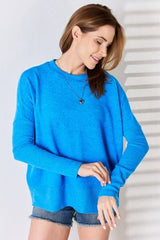 Zenana Ribbed Trim Round Neck Long Sleeve Top - Flyclothing LLC