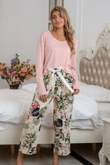 Round Neck Top and Printed Pants Lounge Set - Flyclothing LLC