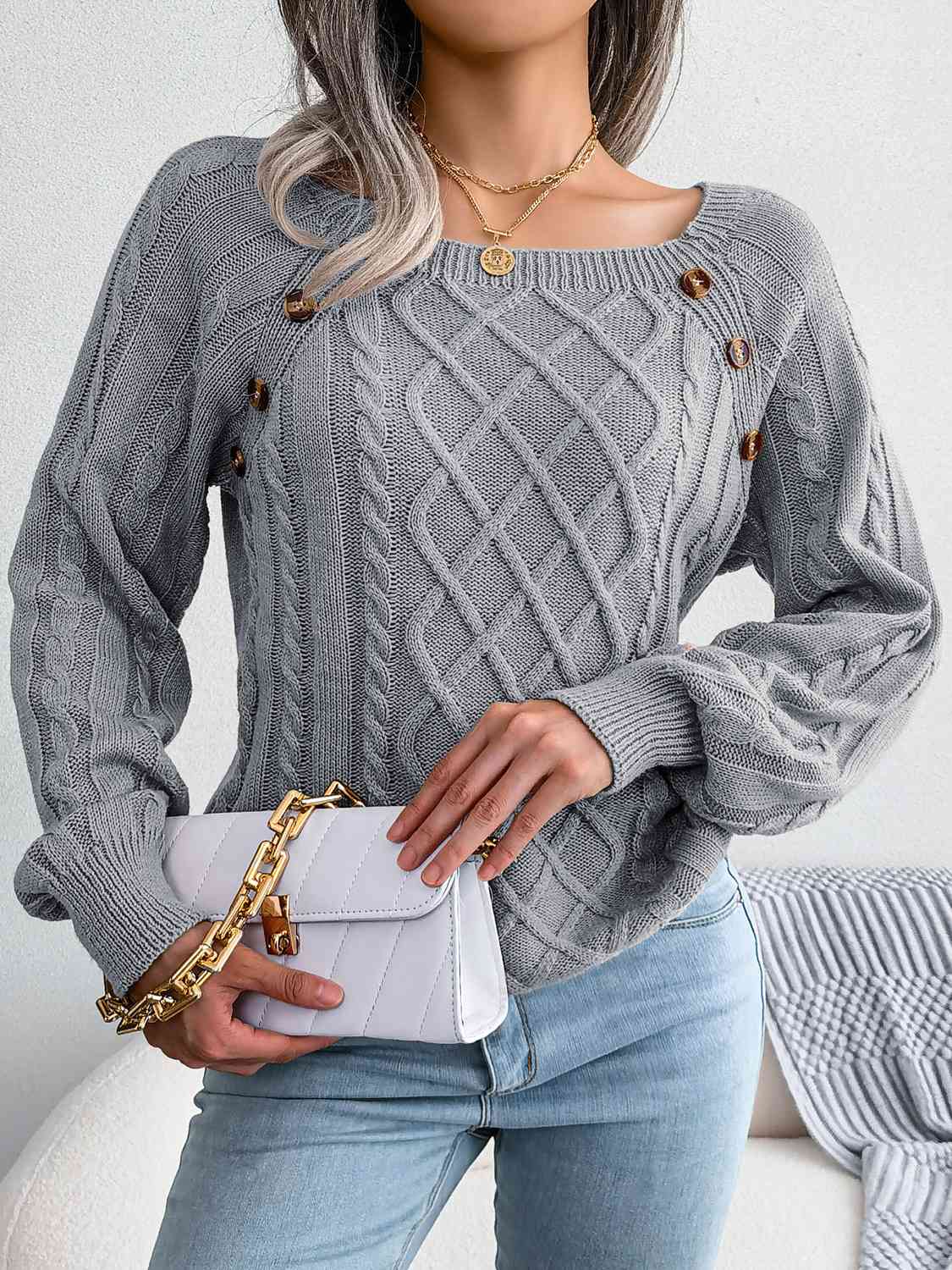 Decorative Button Cable-Knit Sweater - Flyclothing LLC