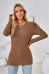 Round Neck Puff Sleeve Blouse - Flyclothing LLC