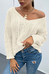 V-Neck Cable-Knit Long Sleeve Sweater - Flyclothing LLC