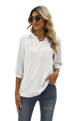 Swiss Dot Notched Neck Three-Quarter Sleeve Blouse - Flyclothing LLC