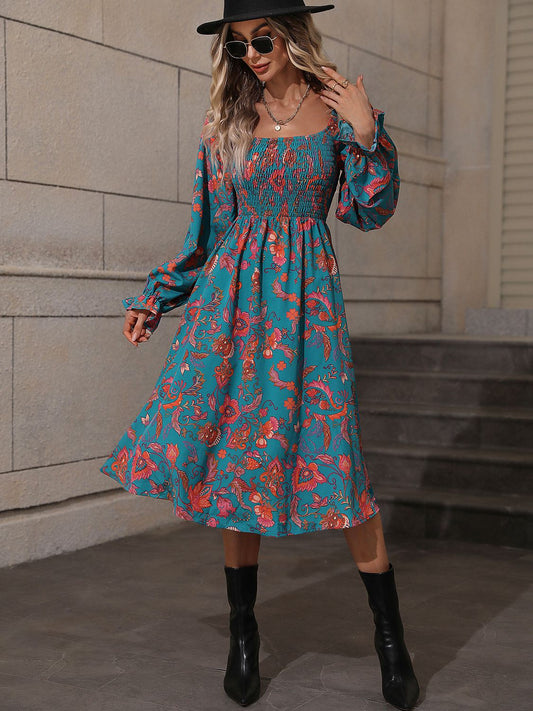 Printed Square Neck Flounce Sleeve Dress - Flyclothing LLC