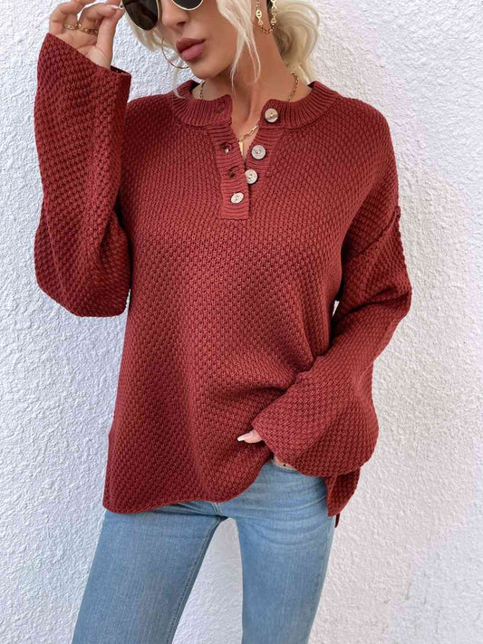 Quarter-Button Slit Sweater - Flyclothing LLC