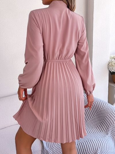 Tie Neck Balloon Sleeve Pleated Dress - Flyclothing LLC