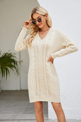 Cable-Knit Long Sleeve Sweater Dress - Trendsi