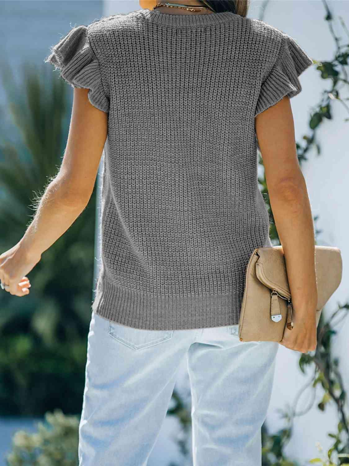 Round Neck Cap Sleeve Sweater - Trendsi