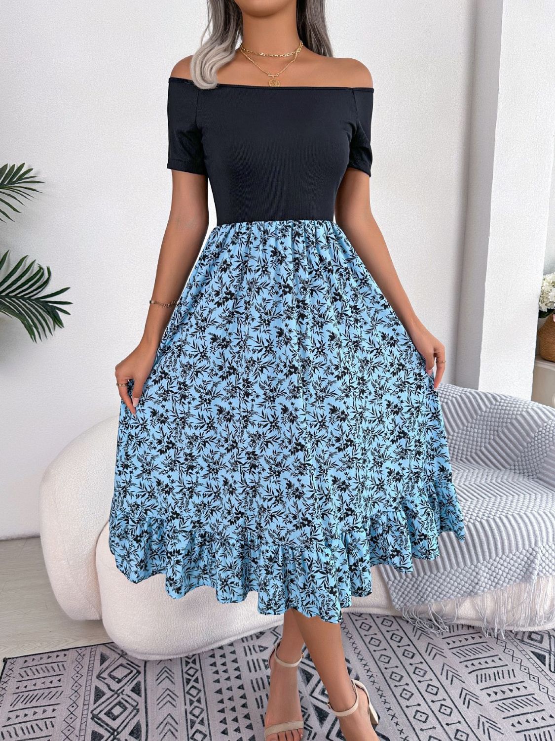 Printed Off-Shoulder Ruffle Hem Dress - Flyclothing LLC