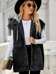 Hooded Sleeveless Denim Top with Pockets - Flyclothing LLC