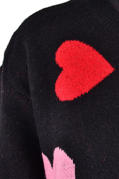 Heart Round Neck Droppped Shoulder Sweater - Flyclothing LLC