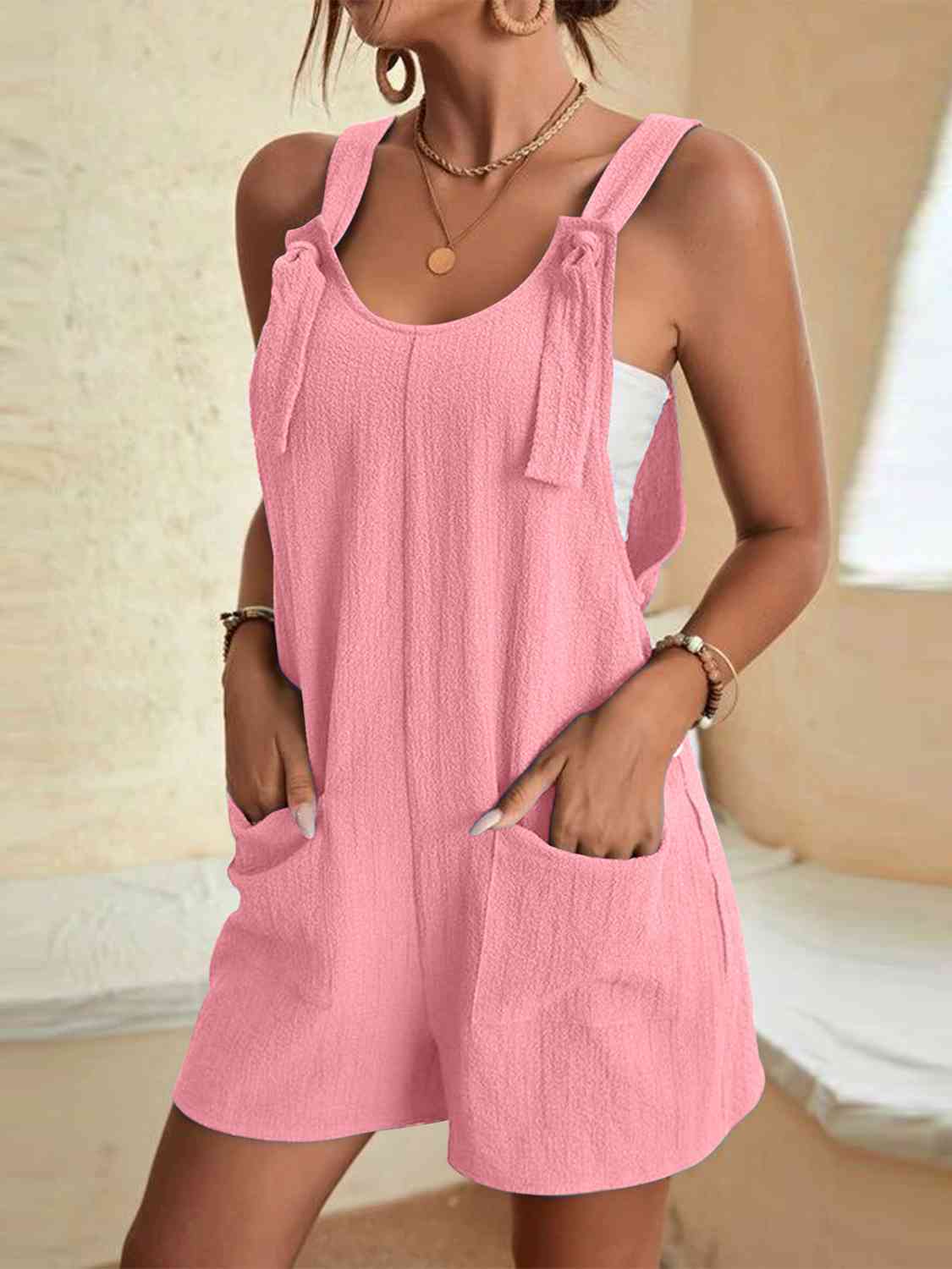 Full Size Scoop Neck Romper with Pockets - Trendsi