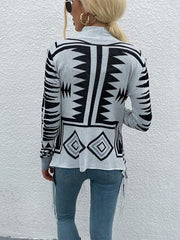 Geometric Fringe Hem Open Front Cardigan - Flyclothing LLC