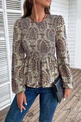 Smocked Printed Balloon Sleeve Blouse - Flyclothing LLC