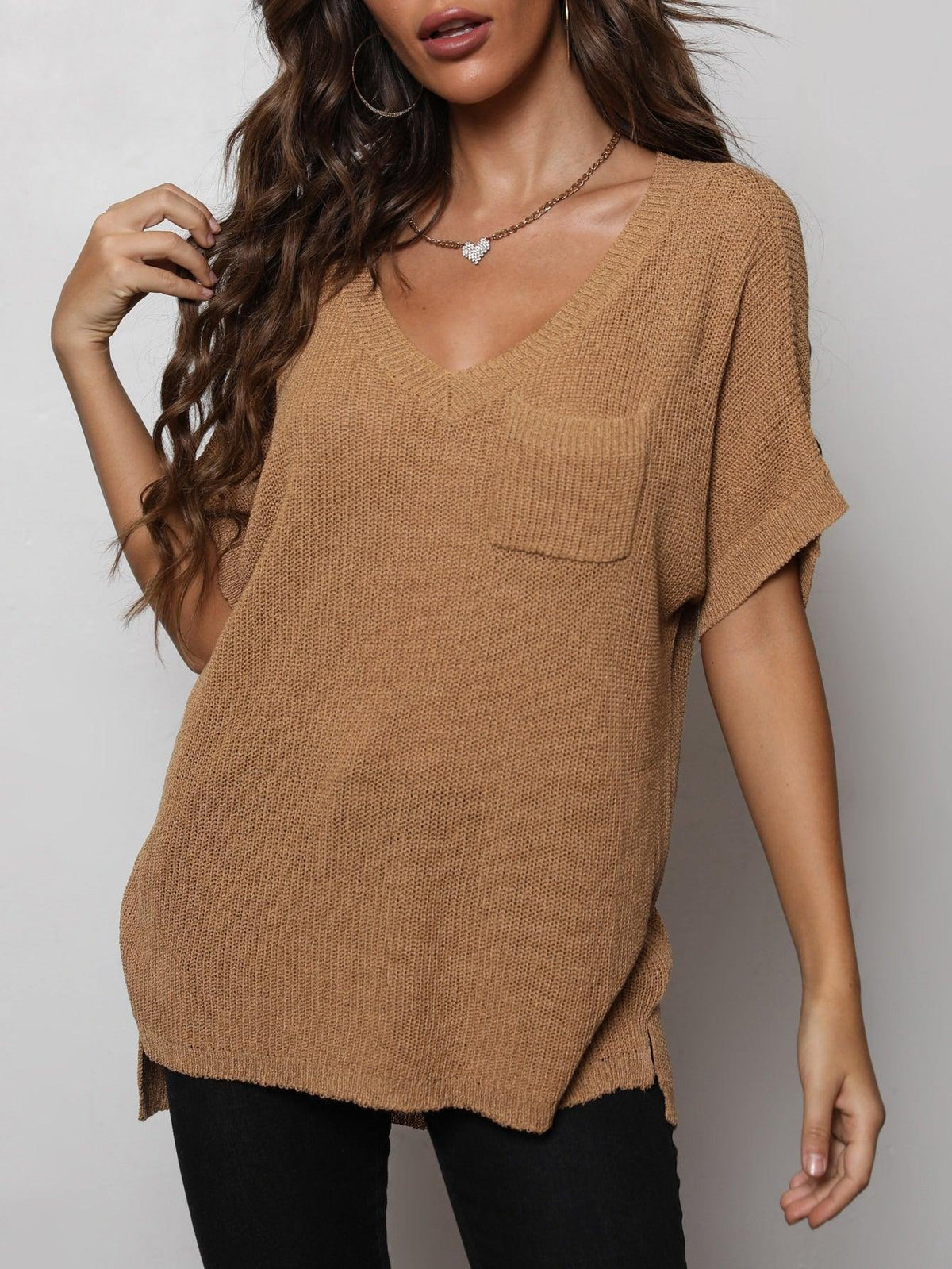 V-Neck Slit High-Low Knit Top - Flyclothing LLC