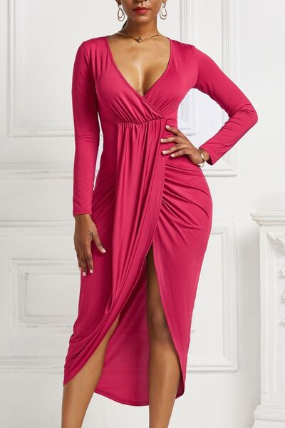 High-low Ruched Surplice Long Sleeve Dress - Flyclothing LLC