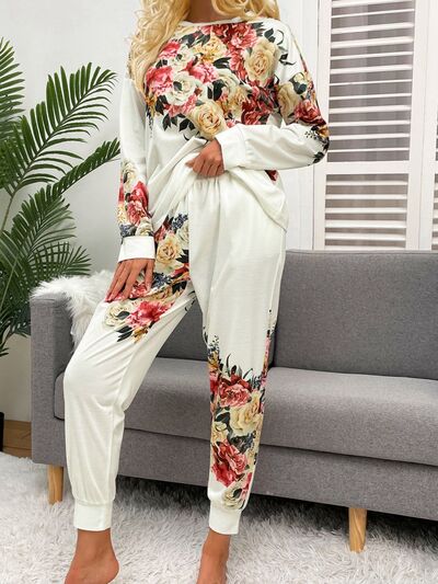 Printed Round Neck Top and Drawstring Pants Lounge Set - Flyclothing LLC