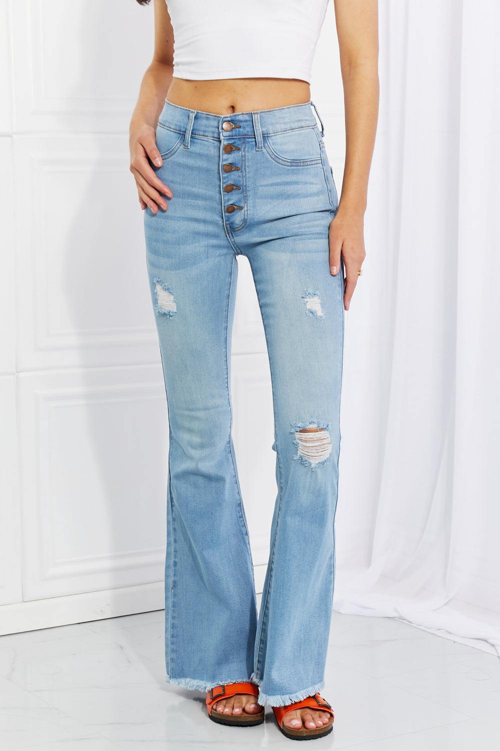 Vibrant MIU Full Size Jess Button Flare Jeans - Flyclothing LLC