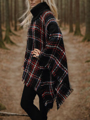 Turtleneck Plaid Raw Hem Sweater - Flyclothing LLC