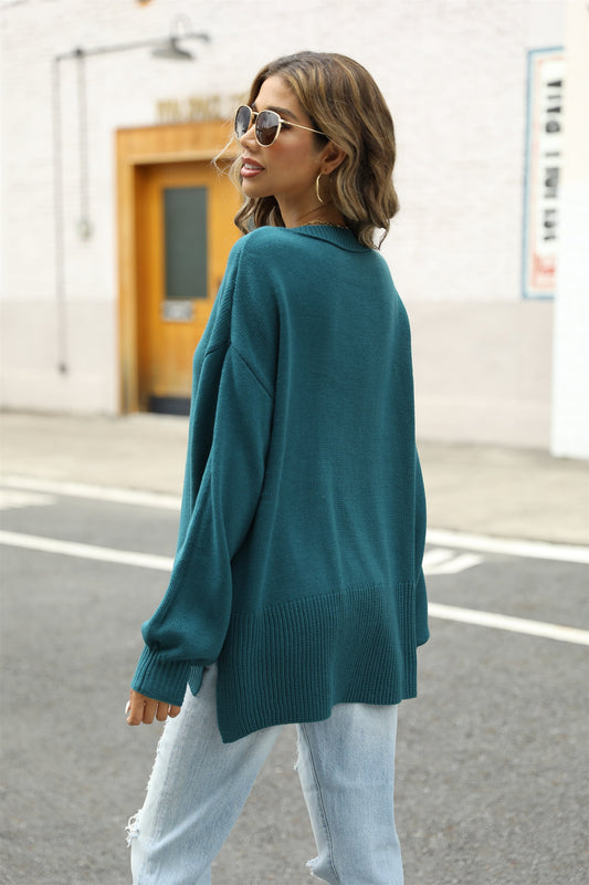 Round Neck Dropped Shoulder Slit Sweater - Flyclothing LLC