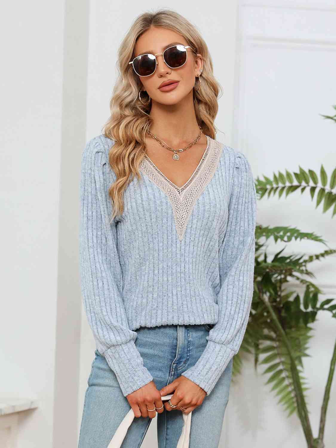 Lace Detail V-Neck Ribbed Blouse - Flyclothing LLC