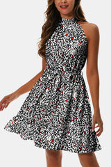 Printed Tie Waist Frill Trim Dress - Flyclothing LLC