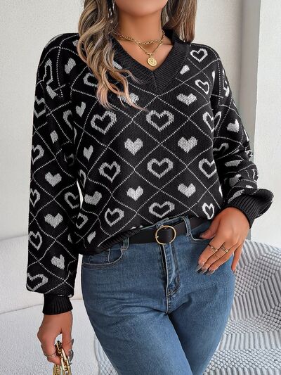 Heart Pattern V-Neck Long Sleeve Sweater - Flyclothing LLC