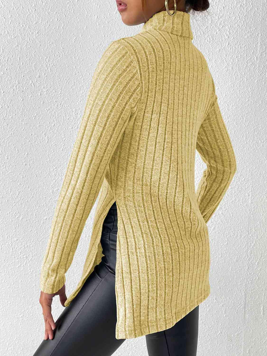 Ribbed Turtleneck Long Sleeve Slit T-Shirt - Flyclothing LLC