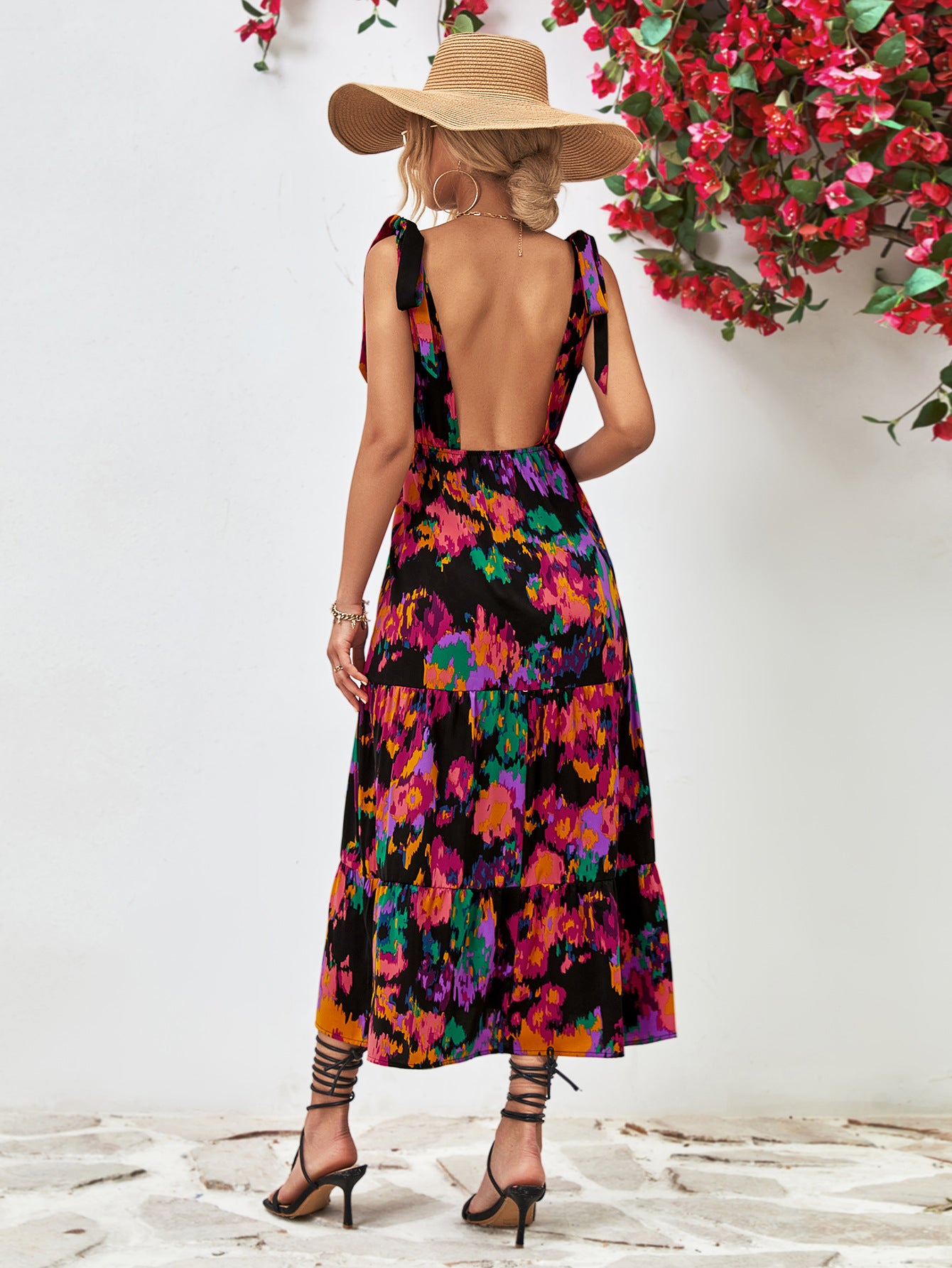 Multicolored V-Neck Backless Midi Dress - Flyclothing LLC