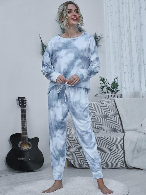 Tie-dye Round Neck Top and Drawstring Pants Lounge Set - Flyclothing LLC