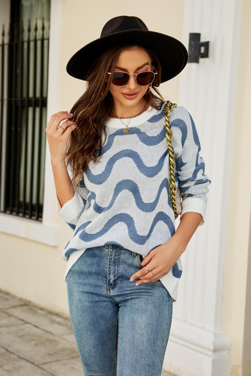 Wave Stripe Ribbed Trim Tunic Sweater - Flyclothing LLC