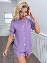 Flounce Sleeve Shirt and Frill Trim Shorts Lounge Set - Flyclothing LLC