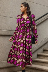 Printed Tied Pocketed Lantern Sleeve Dress - Flyclothing LLC