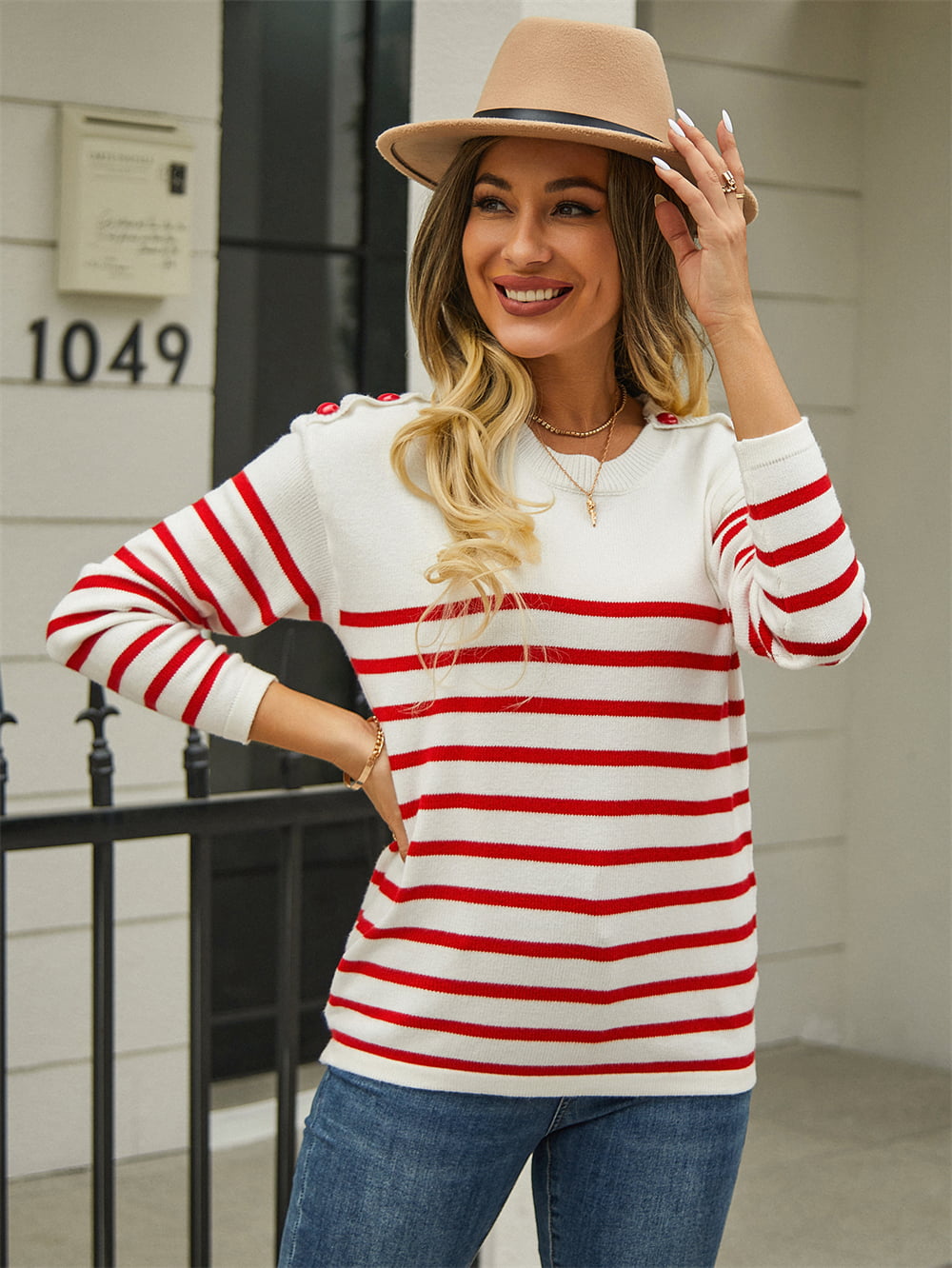 Round Neck Shoulder Button Striped Pullover Sweater - Flyclothing LLC