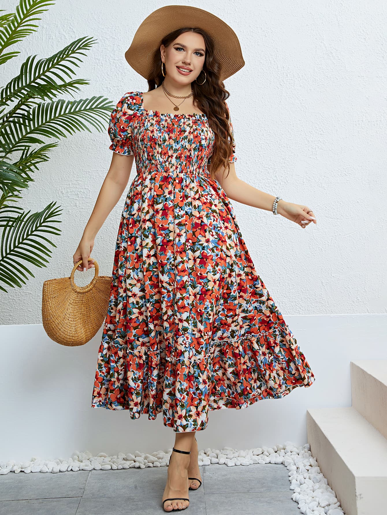 Plus Size Floral Dress Flyclothing – Smocked Square Neck LLC