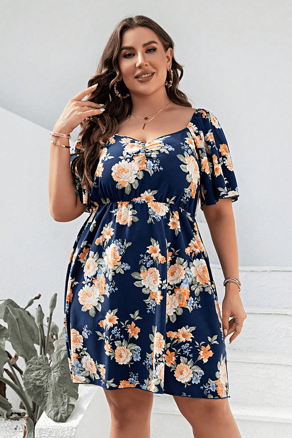 Plus Size Floral Print V-Neck Flutter Sleeve Mini Dress - Flyclothing LLC