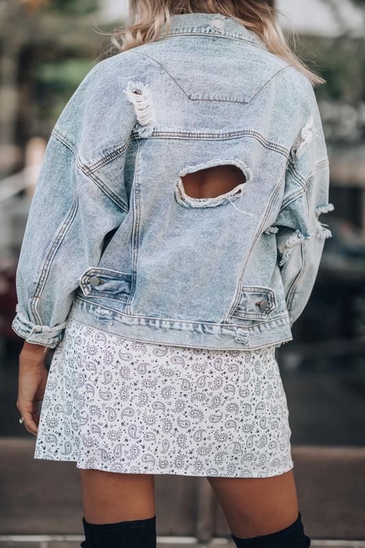 Distressed Drop Shoulder Denim Jacket - Flyclothing LLC