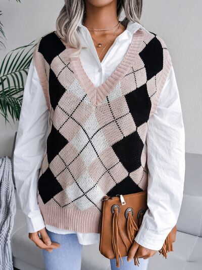 Plaid V-Neck Sweater Vest - Flyclothing LLC