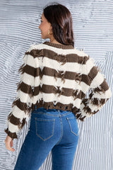 Striped Fringe Round Neck Sweater - Flyclothing LLC