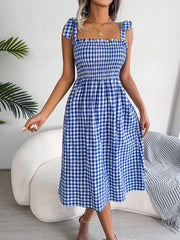 Frill Plaid Square Neck Midi Dress - Flyclothing LLC