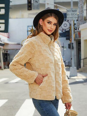 Fuzzy Checkered Zip Up Jacket - Flyclothing LLC