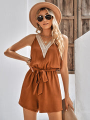 Contrast Belted Sleeveless Romper with Pockets - Flyclothing LLC