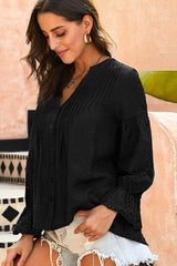 Crochet Flounce Sleeve Button Up Blouse - Flyclothing LLC